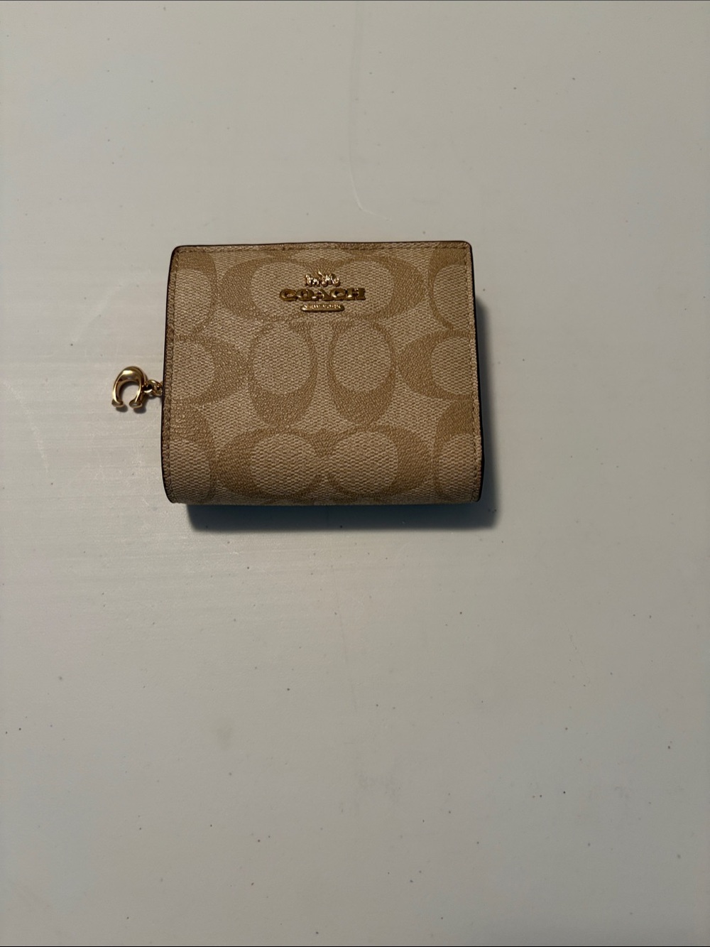 Coach Signature Canvas Compact Wallet in Khaki/Tan with Gold Hardware